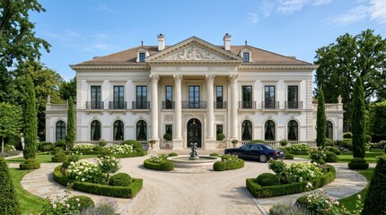Obraz premium Grand European Mansion with Classical Architecture and Lush Gardens.
