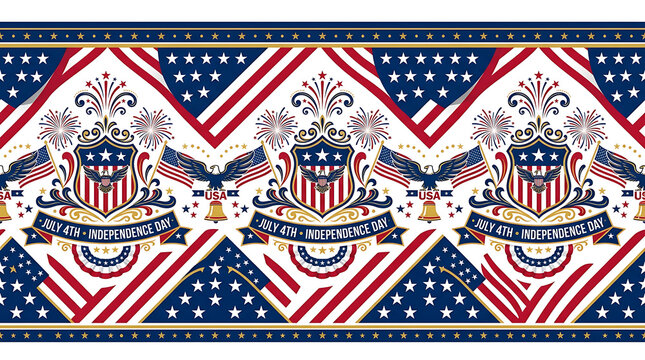 Vibrant Independence Day seamless pattern featuring American flags, eagles, fireworks, and patriotic banners on a white background with red, white, and blue colors.