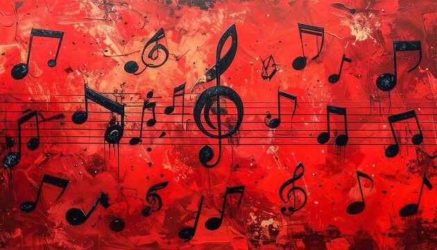Hand-drawn musical note patterns and symbols on a red background.