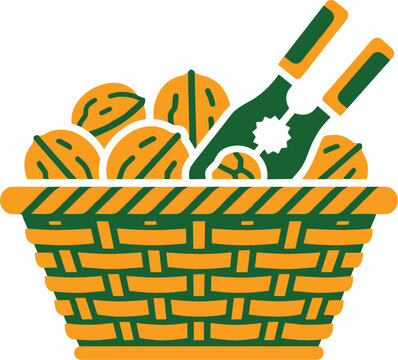 Orange And Green Vector Illustration Of A Basket Filled With Walnuts And A Metal Nutcracker Tool