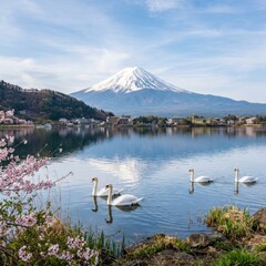 Fototapeta premium Majestic Mount Fuji Reflects in Tranquil Lake Kawaguchiko with Swans and Cherry Blossoms.