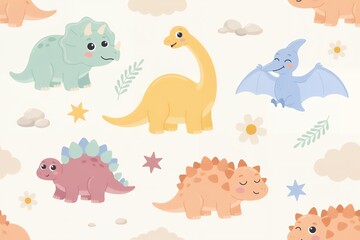 Fototapeta premium Seamless pattern featuring adorable cartoon dinosaurs, including triceratops, stegosaurus, and pterodactyl, with decorative leaves, stars, and clouds
