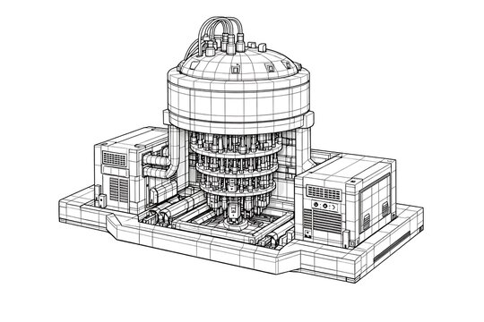 Technical illustration of a futuristic nuclear reactor core with industrial machinery and piping