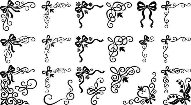 Decorative vintage corner borders set featuring elegant black filigree ribbons bows swirls and floral flourishes