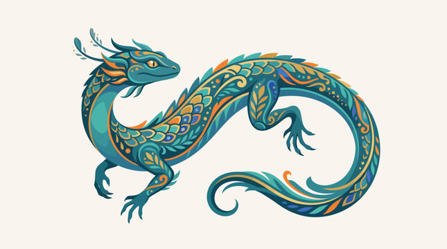 Fantasy salamander creature vector with elegant floral patterns and blue scales on white background