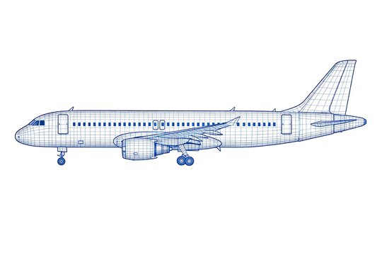 Wireframe blueprint of a commercial passenger airplane isolated on white background