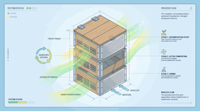 Modular composting station isometric diagram, ecological waste transformation process, systematic cycle , vector illustration