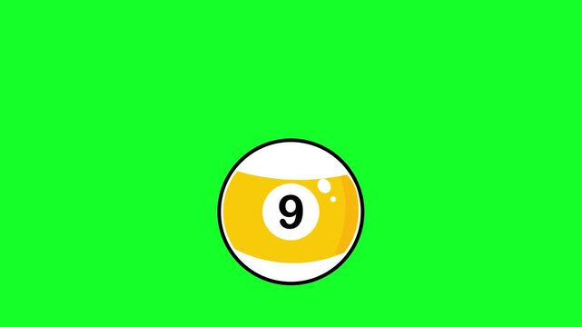 4K animation of a yellow billiard 9 ball rolling smoothly in from the right on a green background. Perfect for chroma key editing, pool game videos, sports content, broadcasts, and motion graphics pro