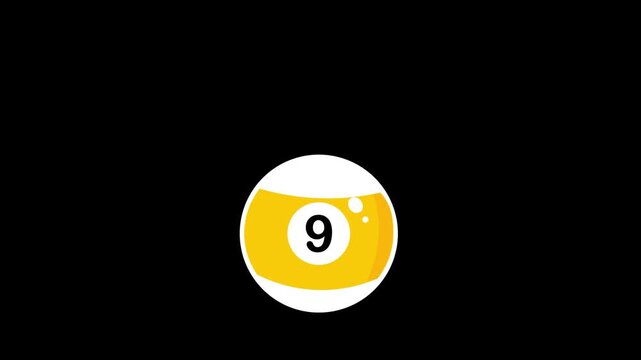 4K animation of a yellow billiard 9 ball rolling smoothly in from the right on a black background. Ideal for pool game videos, sports content, digital presentations, and motion graphics projects.