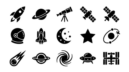 Black Space Exploration and Astronomy Icon Set – Minimal Cosmic Science Symbols for Universe and Space Design © Shohel