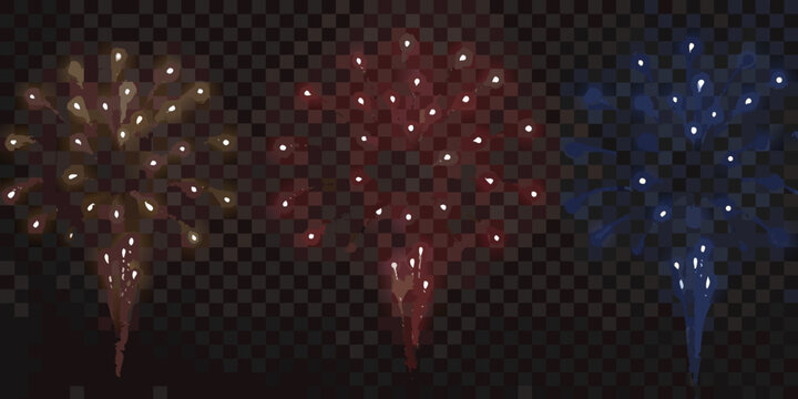 Fireworks explosions with trails vector illustration on transparent background