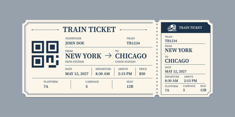 Vector flat train ticket template with passenger information and trip. © Ice pick