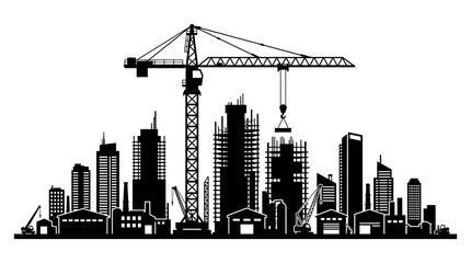 Fototapeta premium Construction cityscape with tower crane black silhouette vector illustration isolated on white background