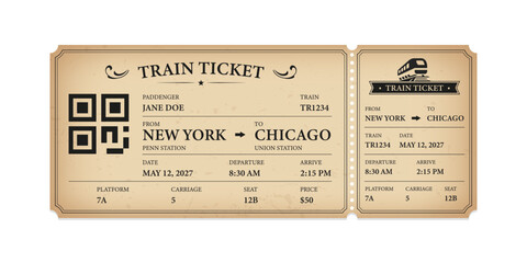 Vector flat train ticket template with passenger information and trip. © Ice pick