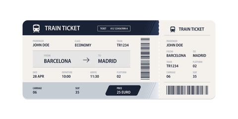 Vector flat train ticket template with passenger information and trip. © Ice pick