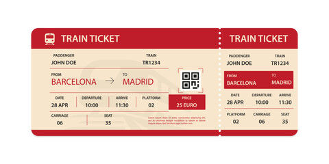 Vector flat train ticket template with passenger information and trip. © Ice pick