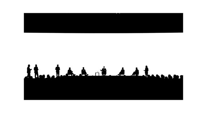 Silhouettes of people on a stage during a business conference or panel discussion vector art