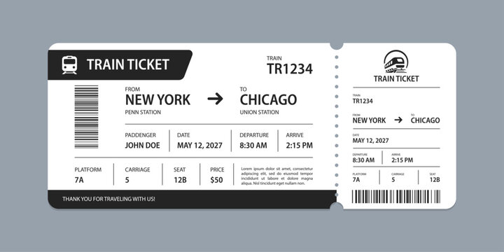 Vector flat train ticket template with passenger information and trip.