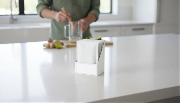 Minimalist white labeled sachet box on a quartz kitchen island