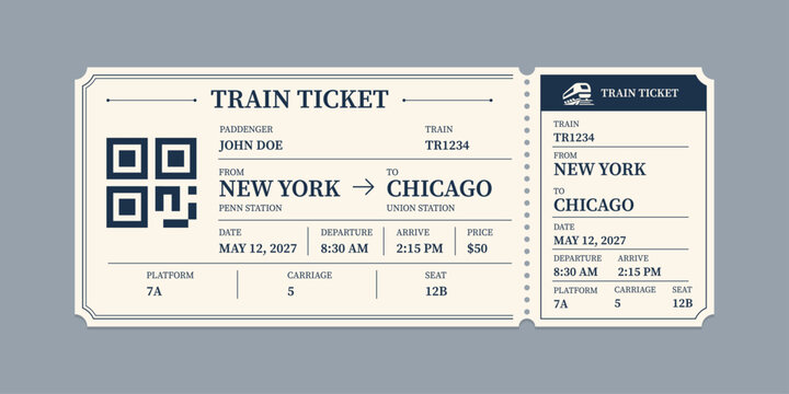 Vector flat train ticket template with passenger information and trip.
