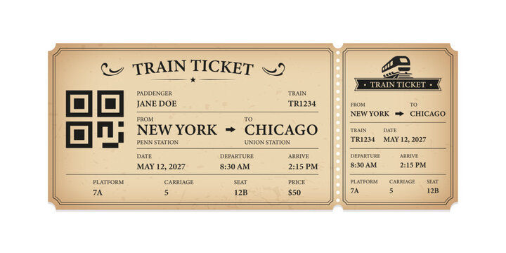 Vector flat train ticket template with passenger information and trip.