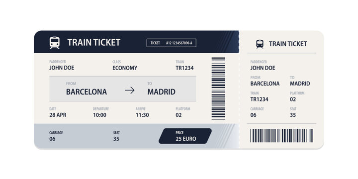 Vector flat train ticket template with passenger information and trip.