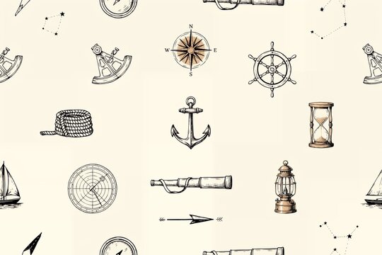 Seamless pattern featuring hand-drawn nautical like anchors, ships, compasses, and telescopes on a light beige background