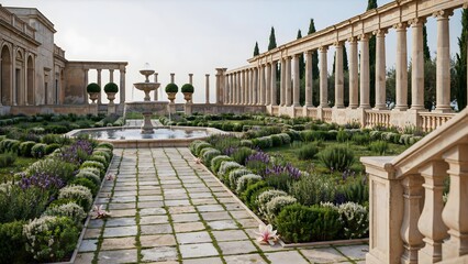 Fototapeta premium Elegant Garden with Stone Path Fountain and Classic Architectural Elements