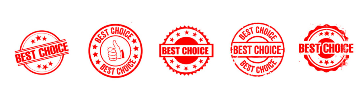 Red best choice circular stamp badge collection with stars and thumbs up icons isolated on white background for quality certification design