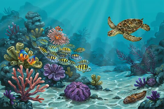 Underwater coral reef scene featuring a sea turtle swimming above colorful coral formations, sea sponges, and schools of small tropical fish