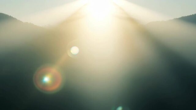 "4K animation of light with fog, featuring volumetric light rays, sun glare, and atmospheric effects"
