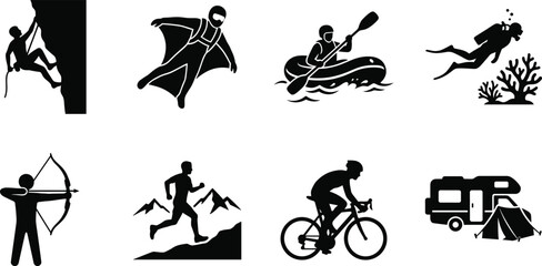 Fototapeta premium Extreme sports outdoor recreation adventure activities and camping travel black silhouette icons set isolated on white background