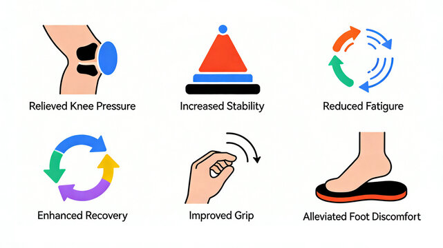 Six flat style sports care icons, representing knee pads for stress relief, stability and fatigue resistance, and promoting foot recovery and comfort, suitable for sports insole product labeling.
