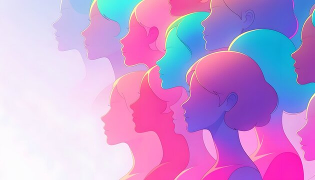 Overlapping abstract women silhouettes in pink and blue tones. Female leadership and sisterhood empowerment. Group of female figures standing together looking in unity.