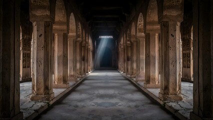 Obraz premium Majestic Ancient Corridor with Pillars and Natural Light Streaming In