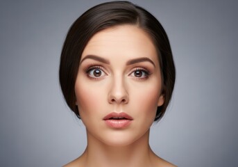 Fototapeta premium Closeup portrait of a young woman with a surprised expression and natural makeup against a grey background