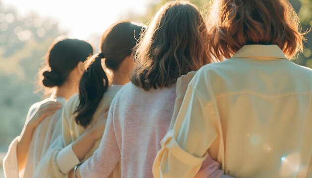 Close up back view of diverse women linking arms outdoors. Strong alliance and mutual trust. Female friends standing in line holding shoulders at sunset