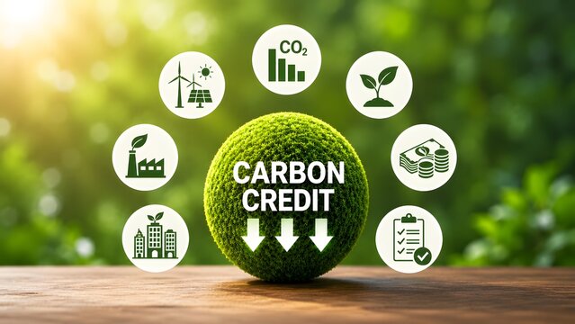 Carbon credit trading concept with green mossy globe and corporate emission reduction strategy icons