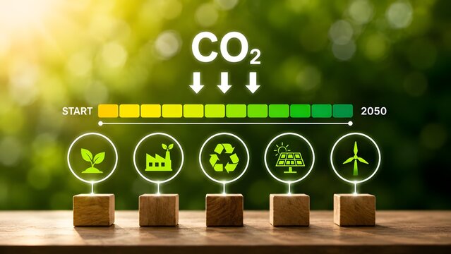 Net zero carbon emission roadmap to 2050 featuring progress bar and renewable energy icons on wooden blocks