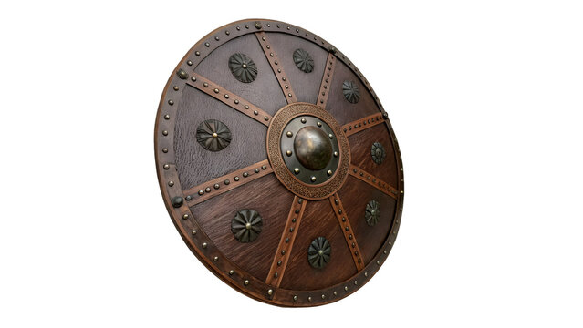 Historic medieval round metal shield with patterns isolated on a transparent background armor asset