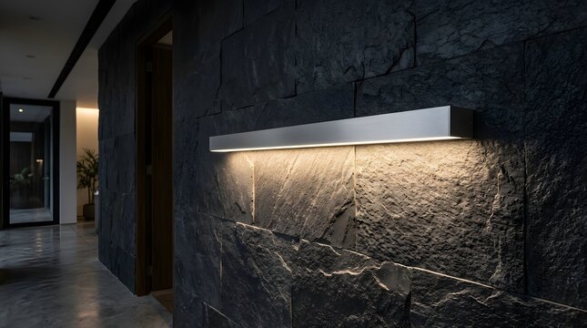 Contemporary interior wall fixture providing warm illumination against a textured stone surface illuminating the hallway