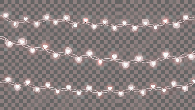 Heart shaped string lights with glowing effect on transparent background