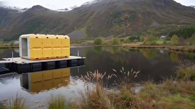 Yellow modular pod rests on a floating platform on a calm lake, mountains in background
