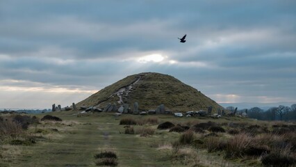 Fototapeta premium Ancient archaeological site with a grassy hill, standing stones, and a bird flying in cloudy sky
