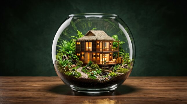 Miniature wooden cabin house with lights inside a glass terrarium bowl on table