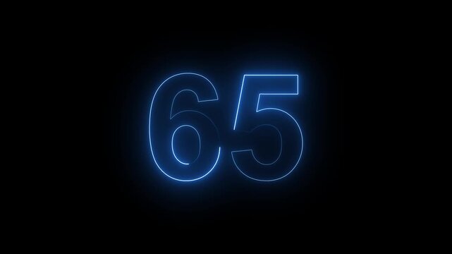 Neon Number 65 Animation with Glowing Electric Light Effect on Dark Background.