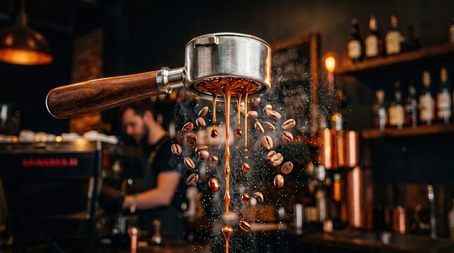 Floating coffee beans and pouring espresso liquid from portafilter in cafe