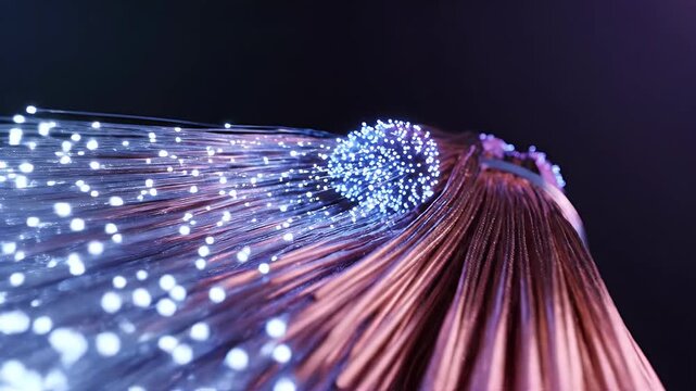 Abstract close-up of glowing blue fiber optics in purple tubes