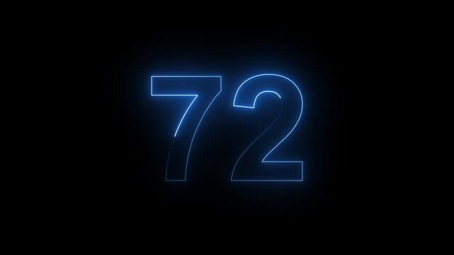 Neon Number 72 Animation with Glowing Electric Light Effect on Dark Background.