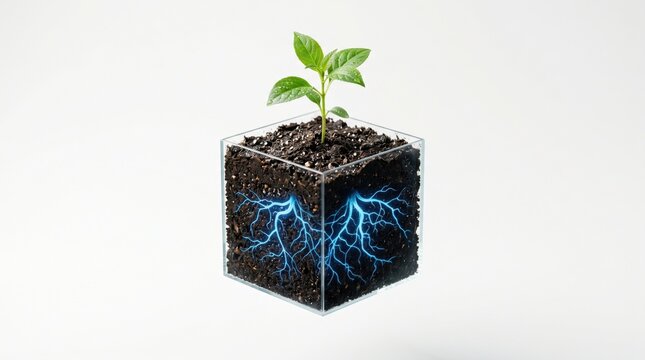 Green plant sprout growing in soil cube with glowing blue energy roots
